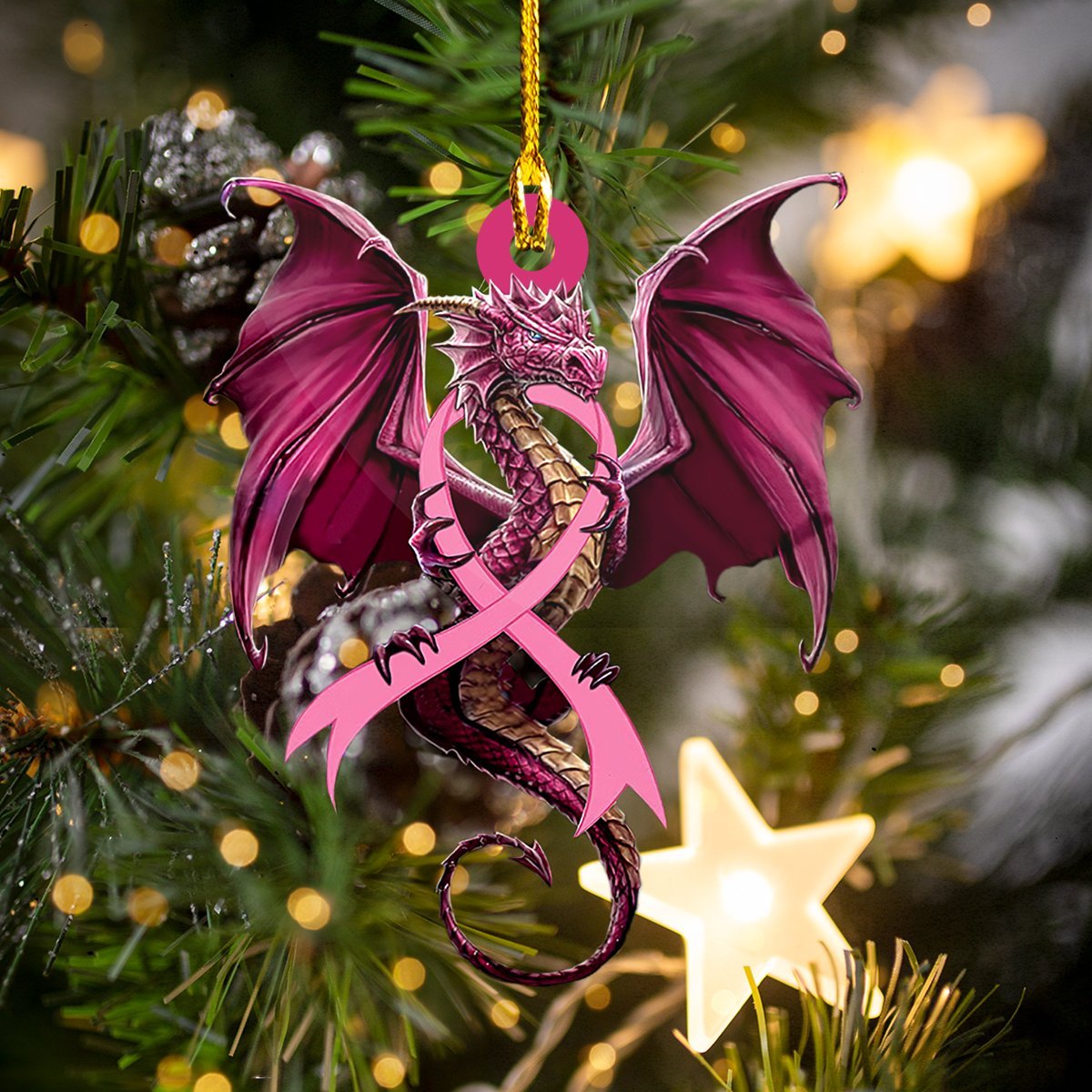 Dragon Breast Cancer Ribbon - Dragon Ornament (Printed On Both Sides) 1022