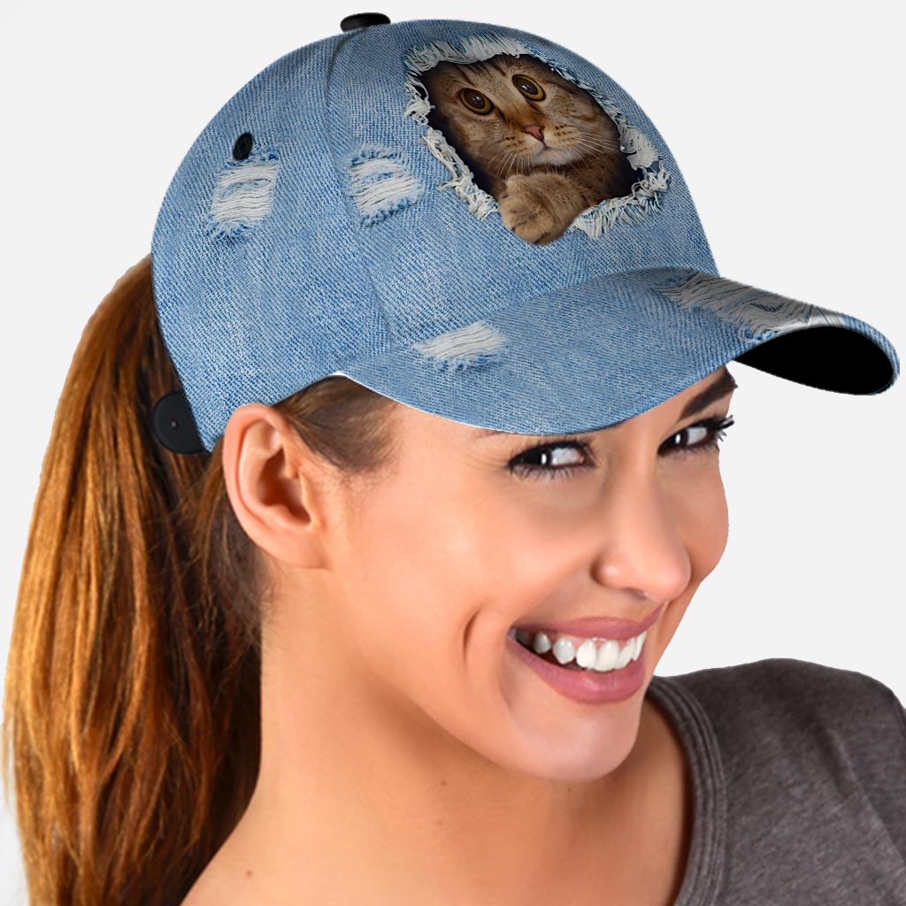 Peeking Cat Denim Pattern Print Cat Classic Cap 0622