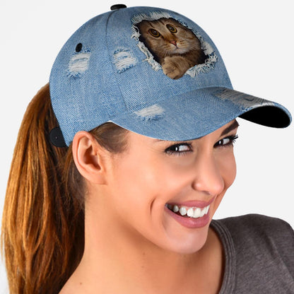 Peeking Cat Denim Pattern Print Cat Classic Cap 0622