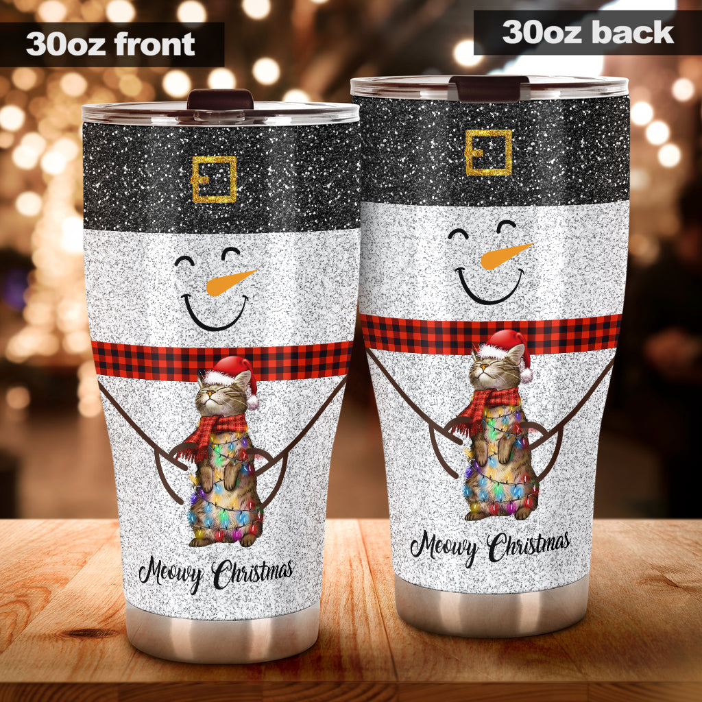 Meowy Christmas Faux Glitter Print Cat Tumbler 0622