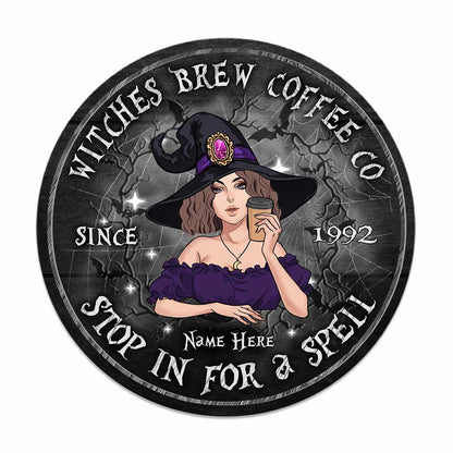 Stop In For A Spell - Personalized Halloween Witch Round Wood Sign