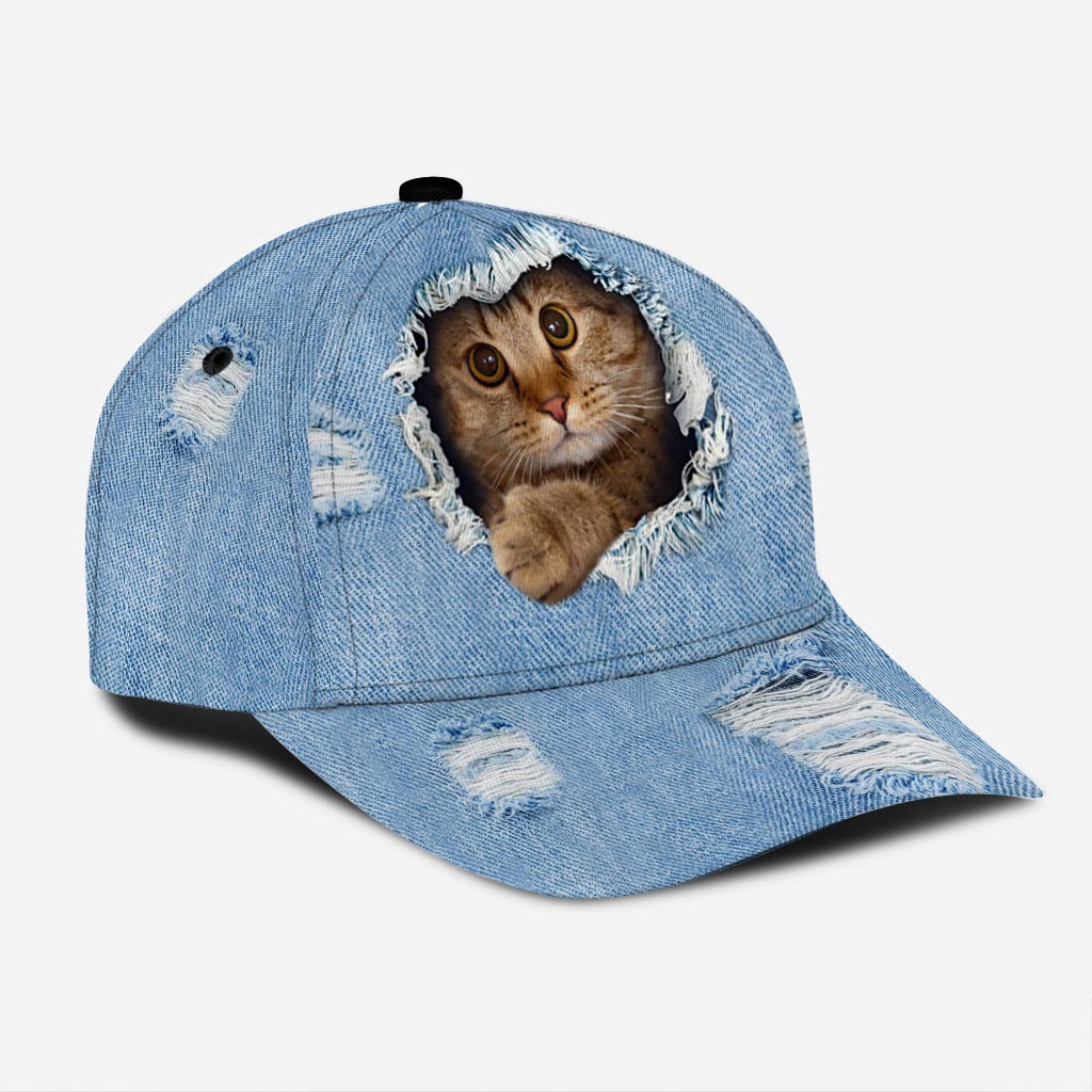 Peeking Cat Denim Pattern Print Cat Classic Cap 0622