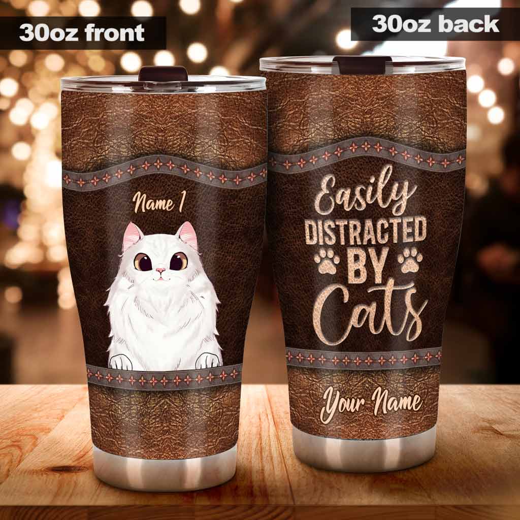Love Cats - Personalized Cat Tumbler With Leather Pattern Print
