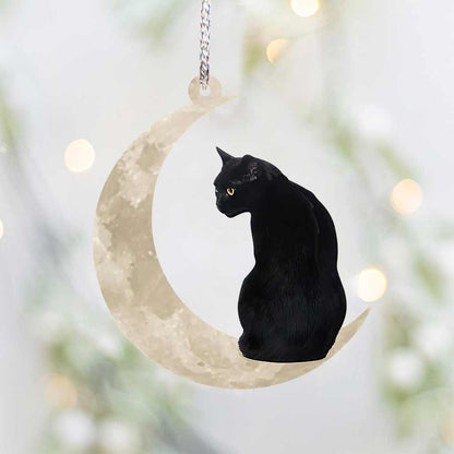 Black Cat Sits On The Moon - Cat Ornament (Printed On Both Sides) 1022