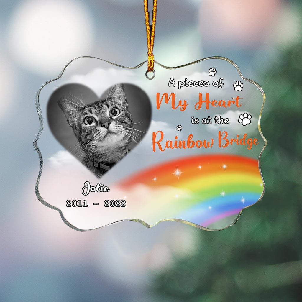 A Piece Of My Heart Is At The Rainbow Bridge - Personalized Christmas Cat Transparent Ornament