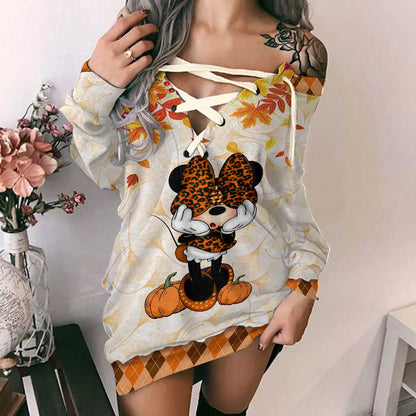 Hello Pumpkin - Personalized Mouse Off Shoulder Long Sleeve Dress