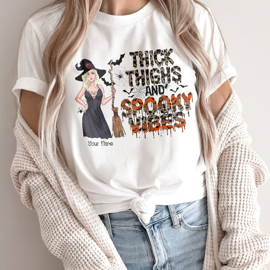 Thick Thighs And Spooky Vibes - Personalized Witch T-shirt and Hoodie