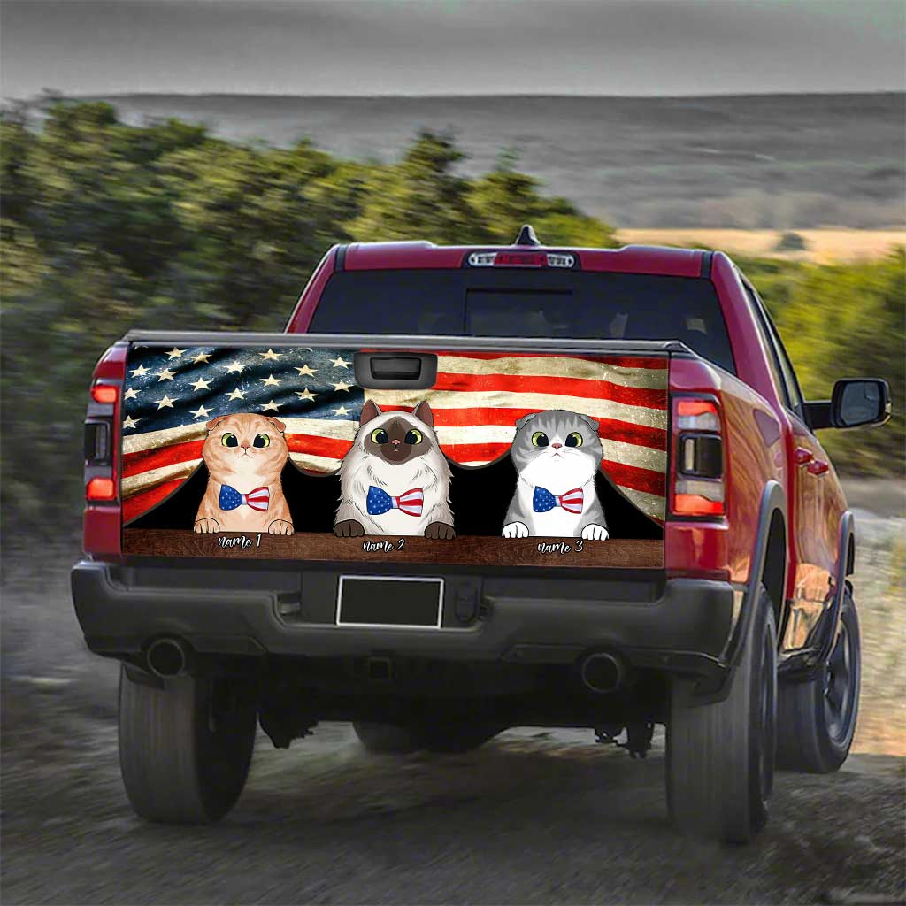 Red, White And Blue Cats - Personalized Independence Day Cat Truck Tailgate Decal