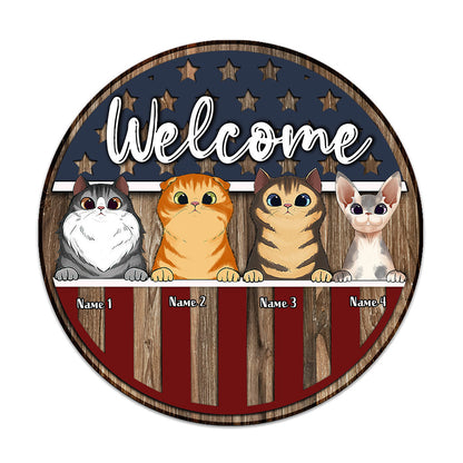 Welcome - Personalized Independence Day Cat Round Wood Sign