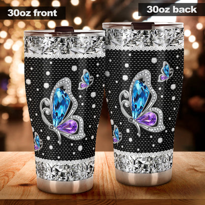 Butterflies Tumbler With Rhinestone Pattern Print 0622