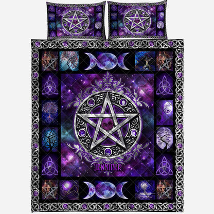Purple Pentagram Triple Moon - Personalized Witch Quilt Set