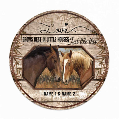 Love Grows Best - Personalized Couple Horse Round Wood Sign