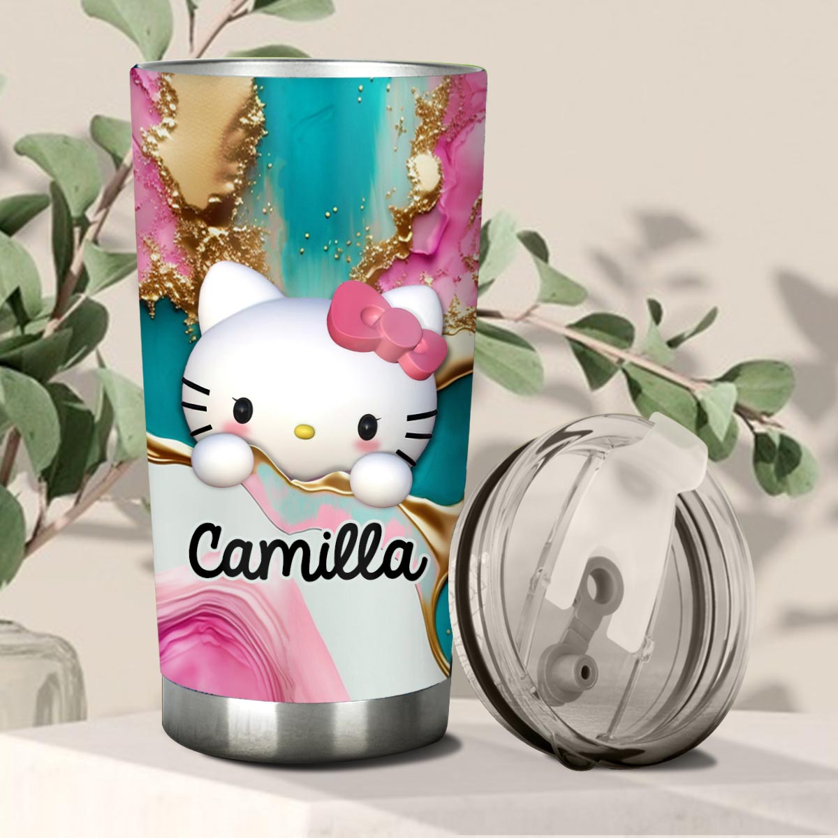 A Touch Of Pink - Personalized White Kitten Tumbler