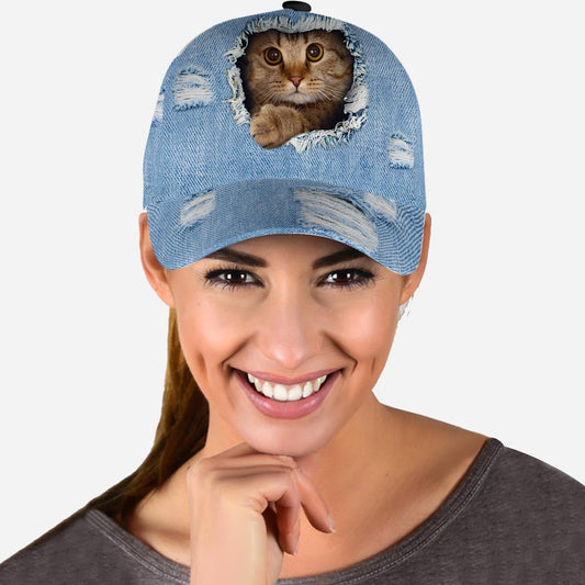 Peeking Cat Denim Pattern Print Cat Classic Cap 0622