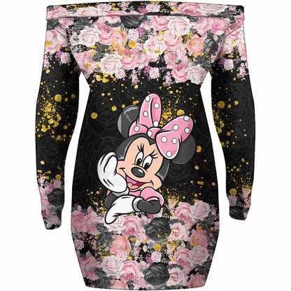 Magical Black Pink - Mouse Off Shoulder Long Sleeve Dress