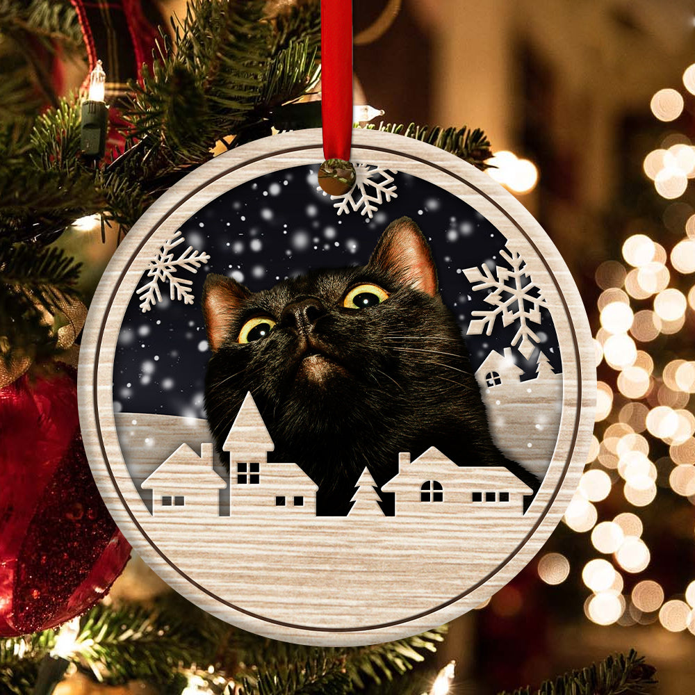 Black Cat Christmas Town - Cat Ornament (Printed On Both Sides) 1022