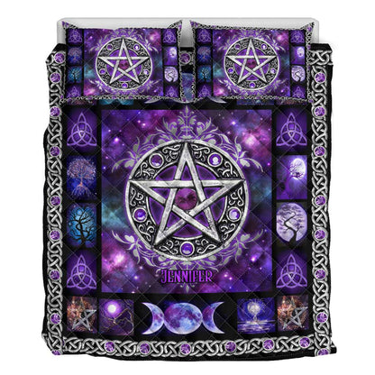 Purple Pentagram Triple Moon - Personalized Witch Quilt Set
