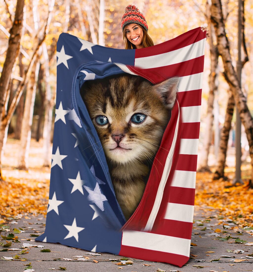 Kitten Opened American Flag Independence Day Cat Blanket 0622