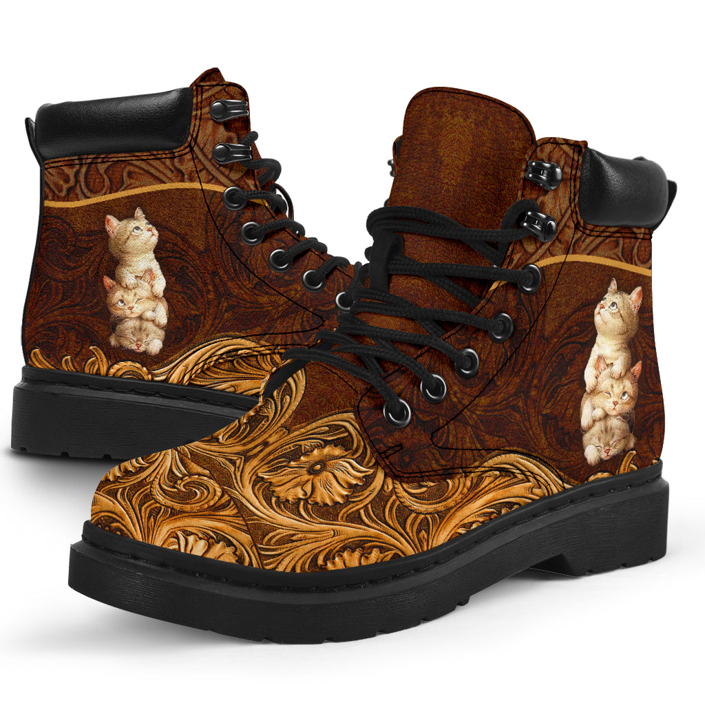 Cat Leather Pattern Print Cat All Season Boots 0622