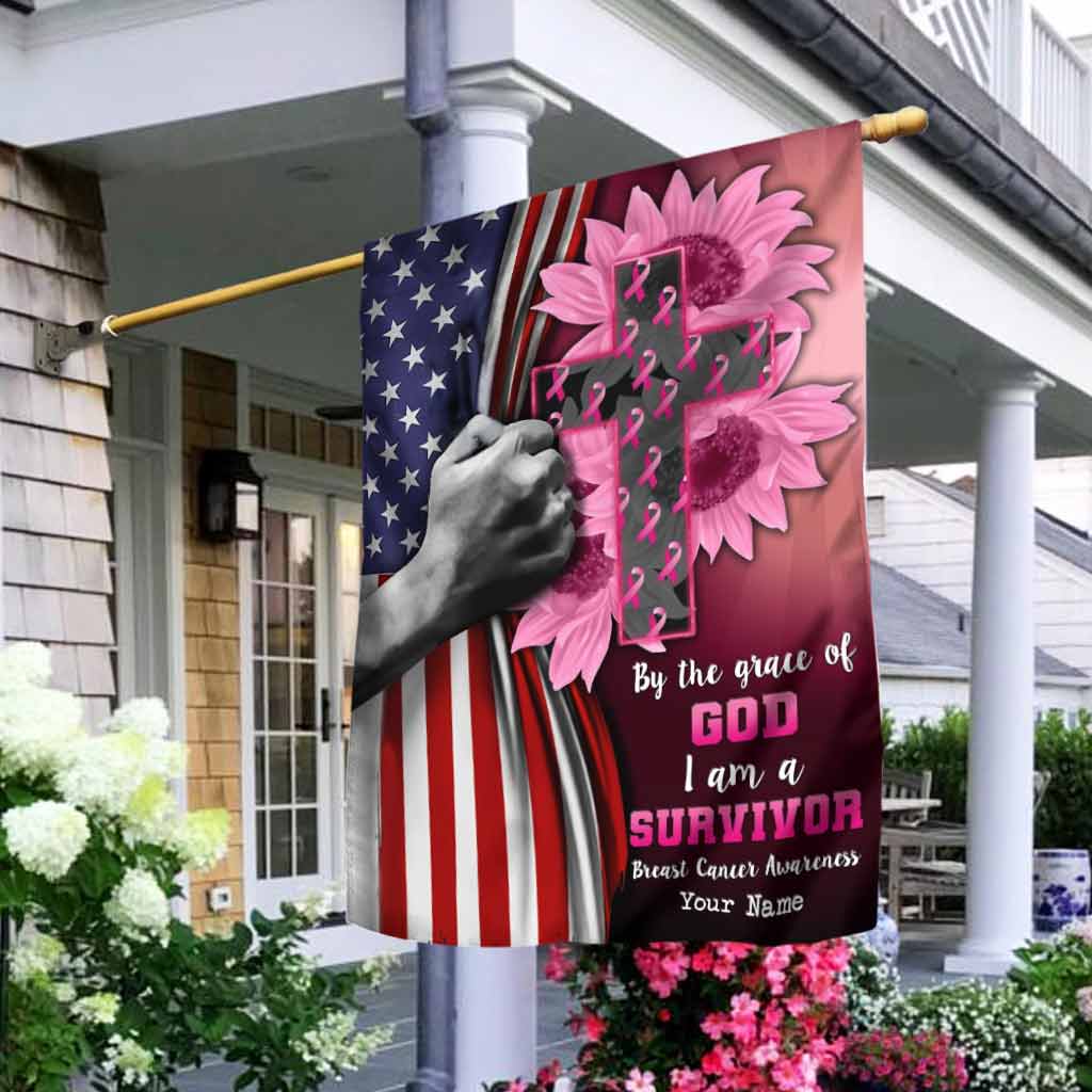 By The Grace Of God I'm A Survivor - Personalized Breast Cancer Awareness House Flag