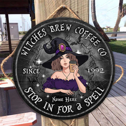 Stop In For A Spell - Personalized Halloween Witch Round Wood Sign