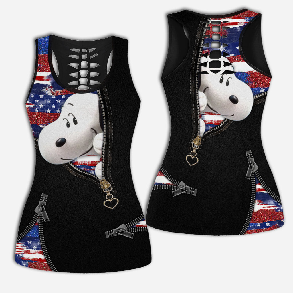 Blue, Red And White Dog - Personalized Independence Day Hollow Tank Top and Leggings