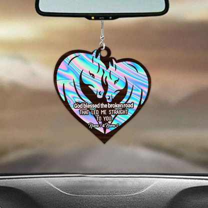 God Blessed The Broken Road - Personalized Couple Horse Car Ornament (Printed On Both Sides)