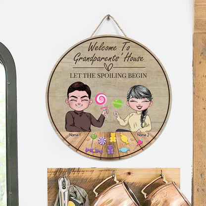 Grandparents' House Where Treats Are Many - Personalized Grandma Round Wood Sign