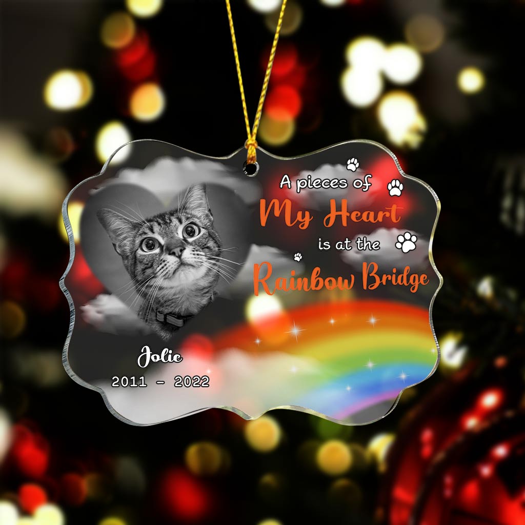 A Piece Of My Heart Is At The Rainbow Bridge - Personalized Christmas Cat Transparent Ornament