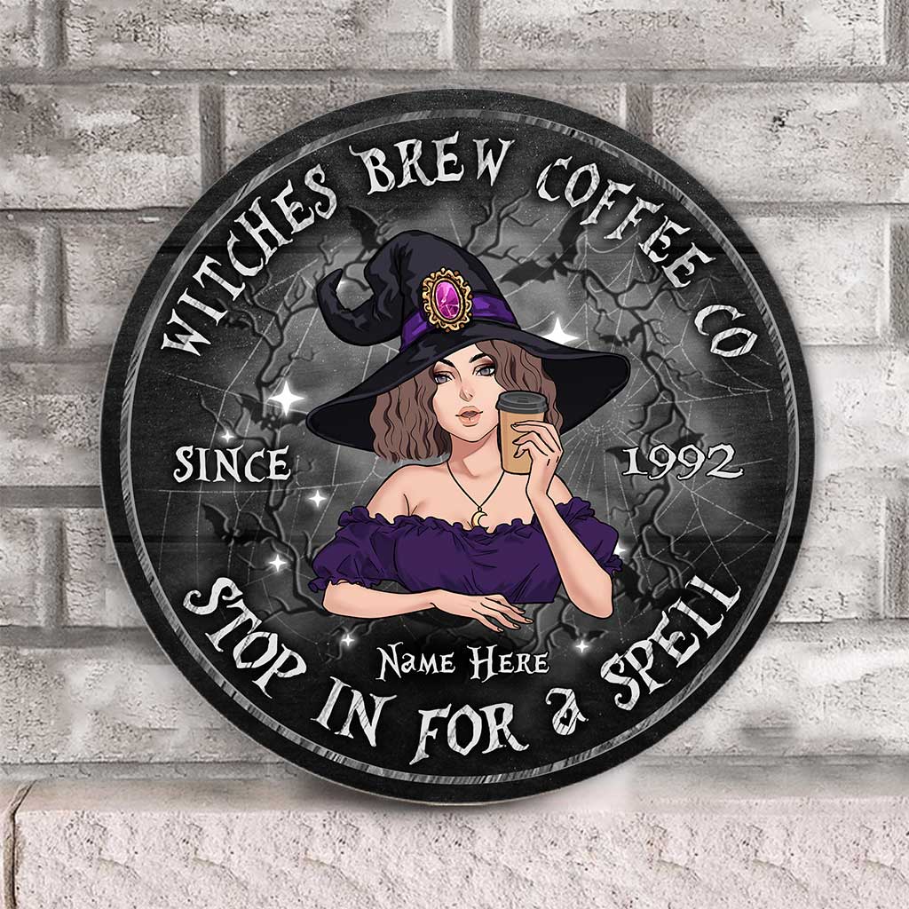 Stop In For A Spell - Personalized Halloween Witch Round Wood Sign