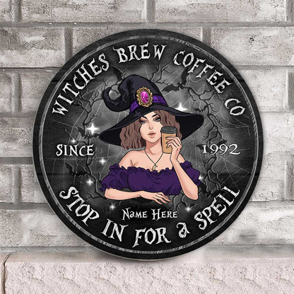 Stop In For A Spell - Personalized Halloween Witch Round Wood Sign