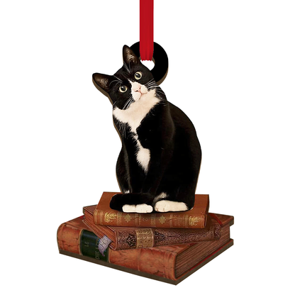 Tuxedo Cat With Books - Cat Ornament (Printed On Both Sides) 1122