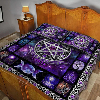 Purple Pentagram Triple Moon - Personalized Witch Quilt Set