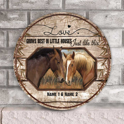 Love Grows Best - Personalized Couple Horse Round Wood Sign