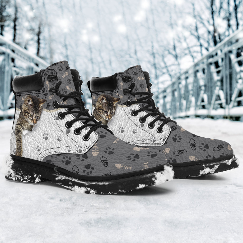 Kitten Leather Pattern Print Cat All Season Boots 0622