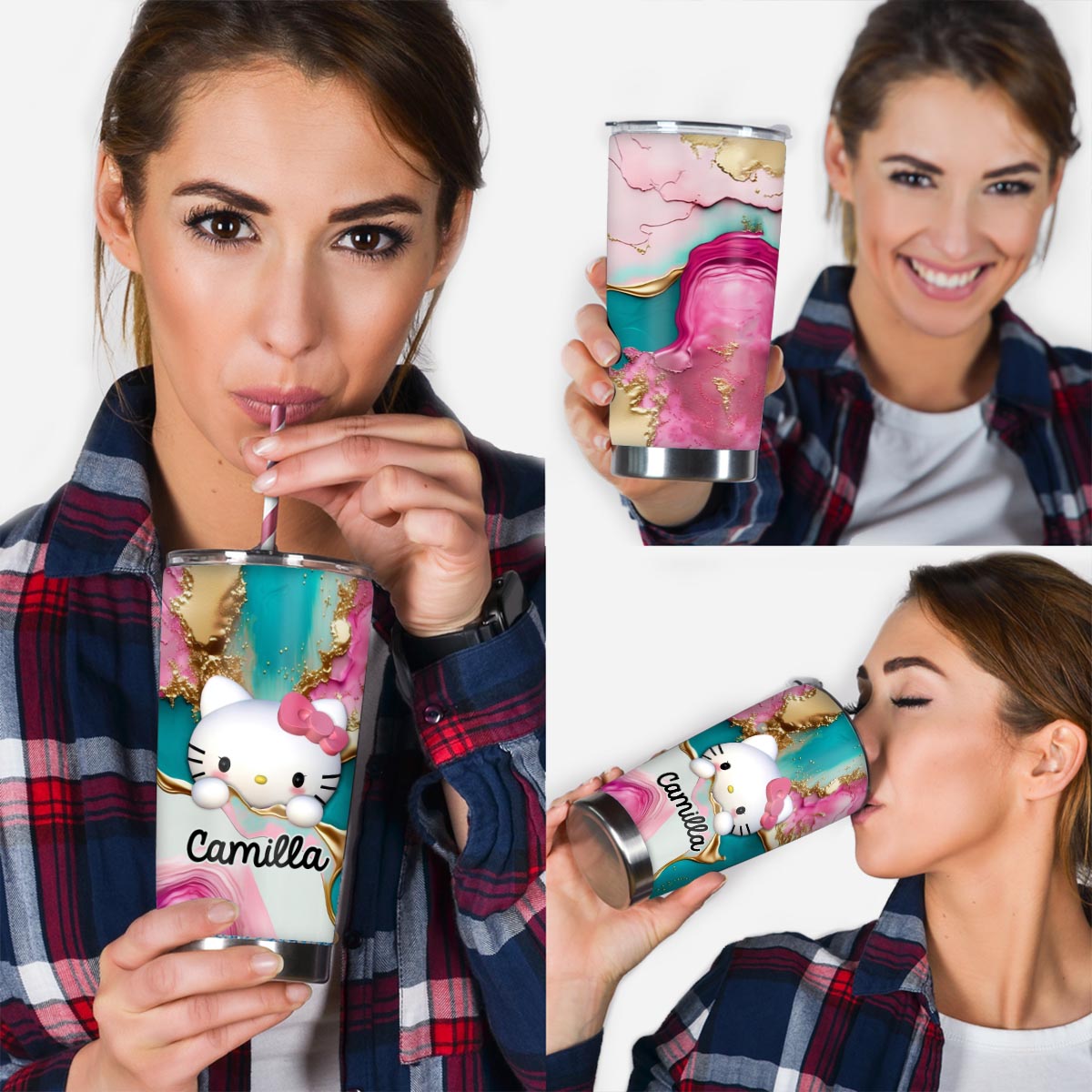 A Touch Of Pink - Personalized White Kitten Tumbler