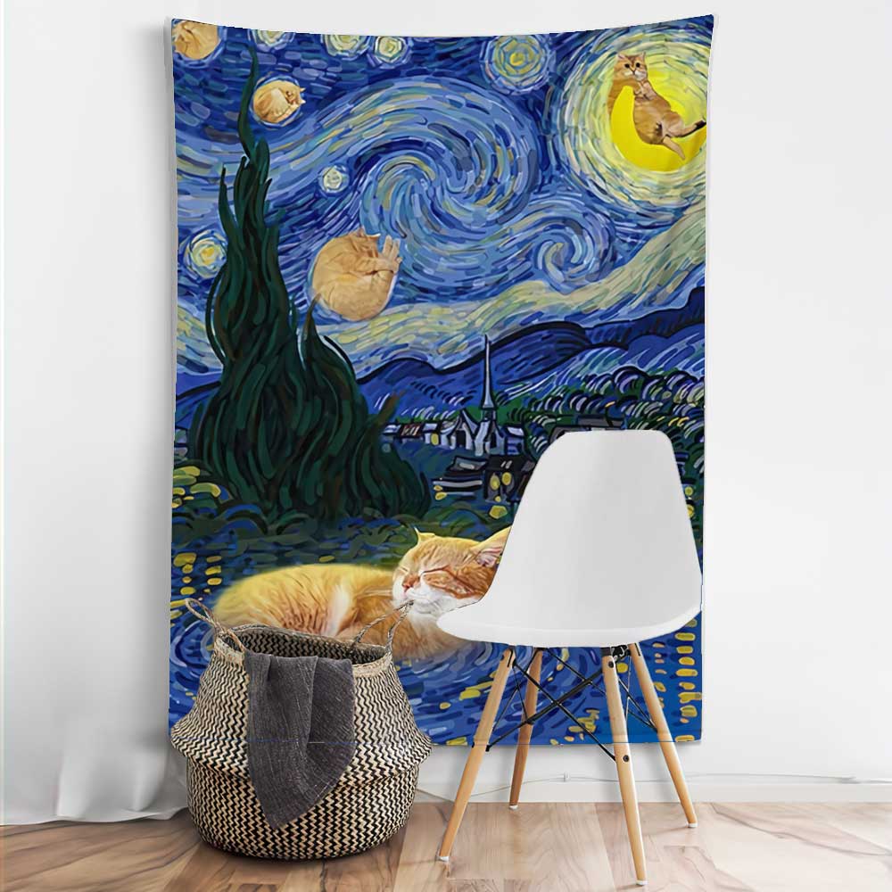 Cute Cats Starry Night - Cat Wall Tapestry