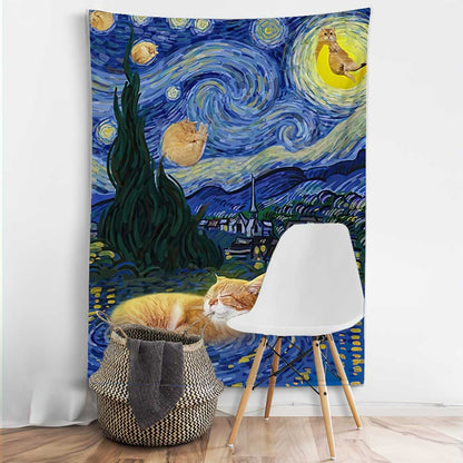 Cute Cats Starry Night - Cat Wall Tapestry