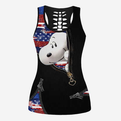 Blue, Red And White Dog - Personalized Independence Day Hollow Tank Top and Leggings