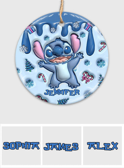 Blue Ohana Merry Christmas - Personalized Ohana Ceramic Circle Ornament