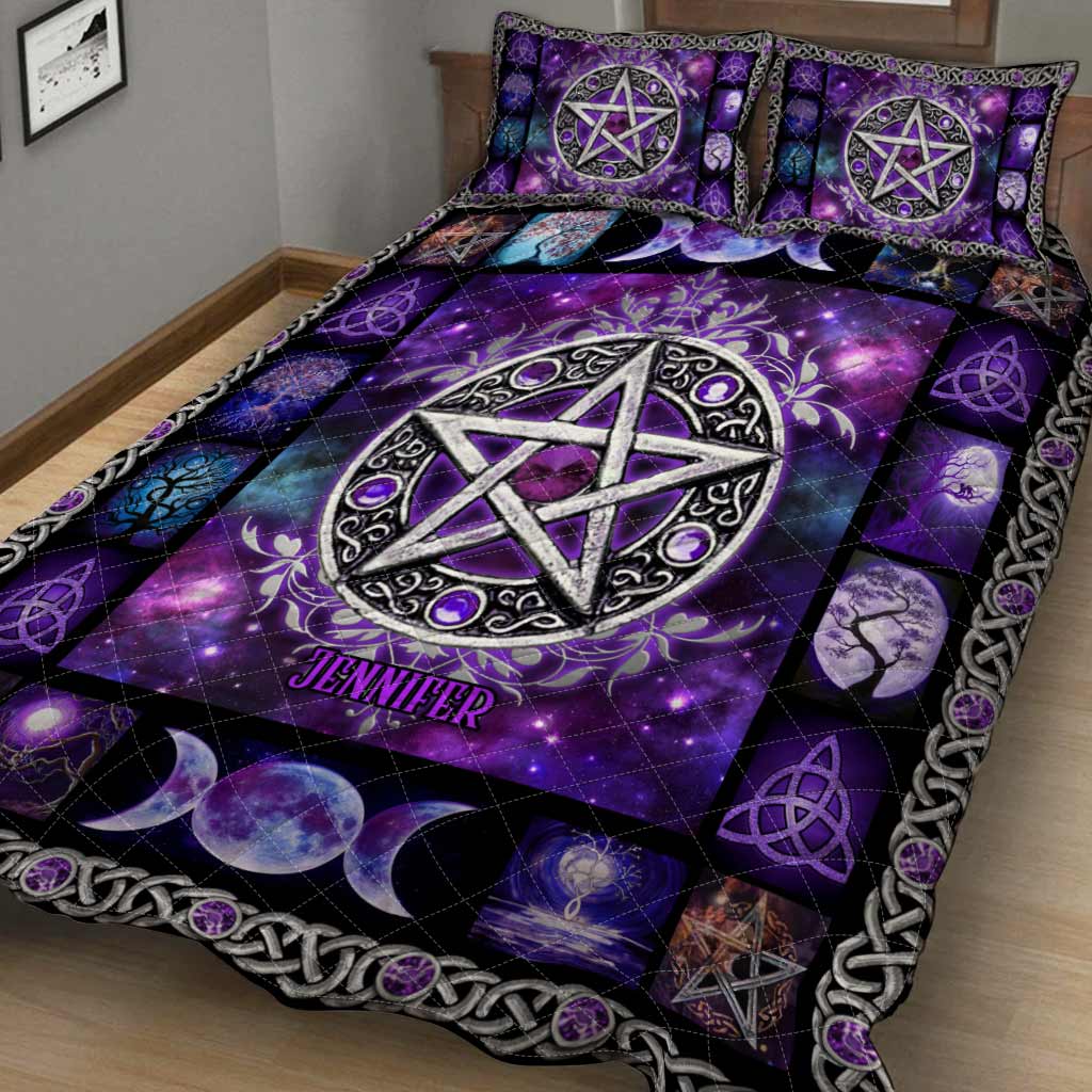Purple Pentagram Triple Moon - Personalized Witch Quilt Set
