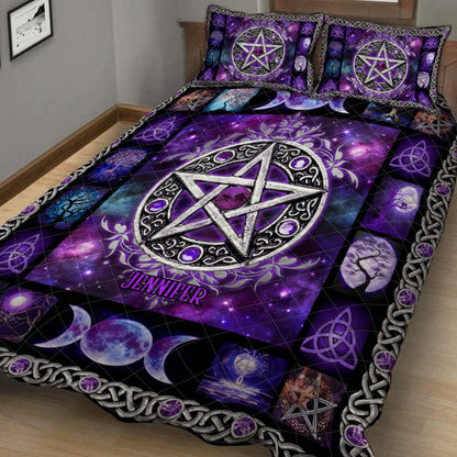 Purple Pentagram Triple Moon - Personalized Witch Quilt Set