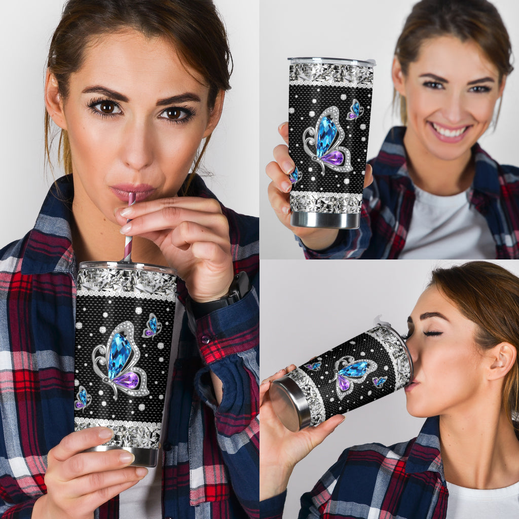 Butterflies Tumbler With Rhinestone Pattern Print 0622