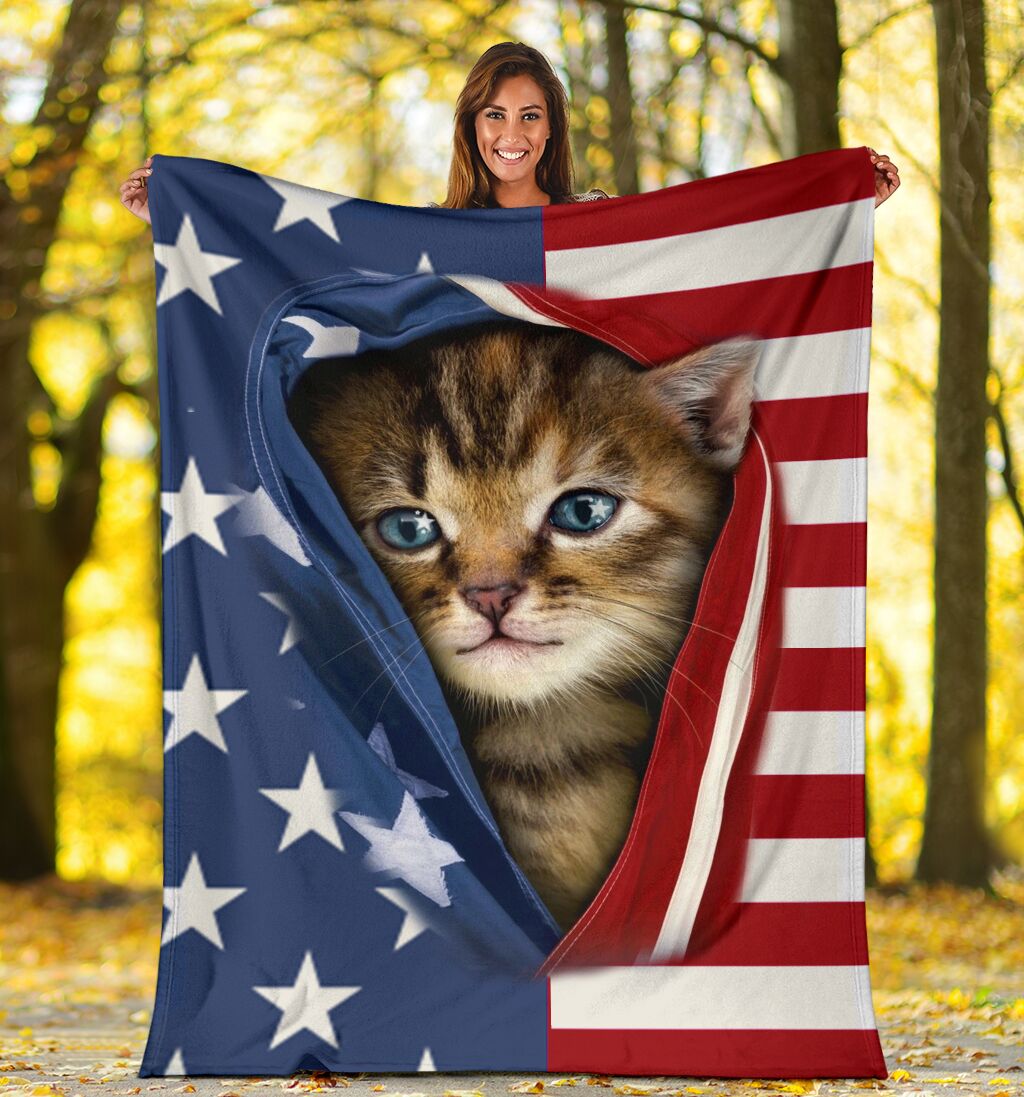 Kitten Opened American Flag Independence Day Cat Blanket 0622