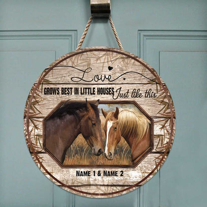 Love Grows Best - Personalized Couple Horse Round Wood Sign