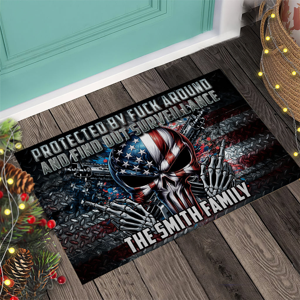 Protected by Fck Around and Find out Surveillance - Personalized Skull Doormat