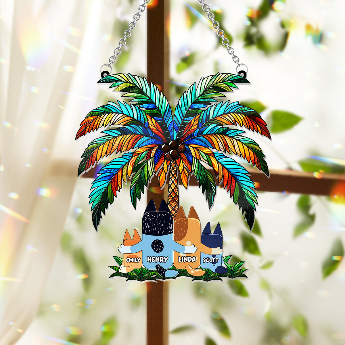 Family Under The Palm Tree - Personalized Window Hanging Suncatcher Ornament