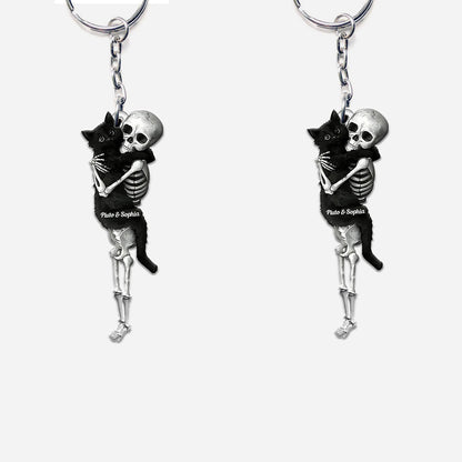 Funny Skeleton & Cat - Personalized Black Cat Custom Shaped Keychain