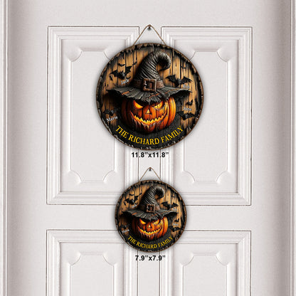 Witch Pumpkin Family - Personalized Family Round Wood Sign