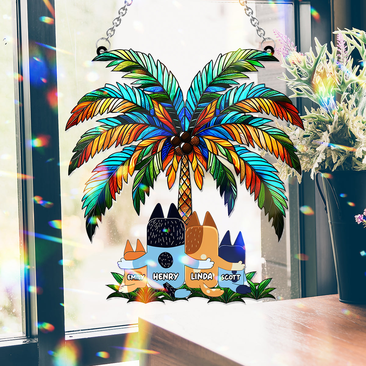 Family Under The Palm Tree - Personalized Window Hanging Suncatcher Ornament